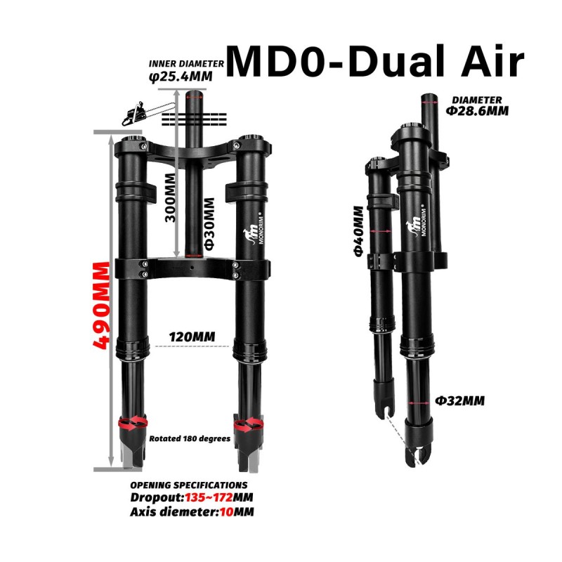 Suspensao dianteira Monorim MD0 Dual Air Version 490mm x 165mm  - 10 
Compatibilidade: indicada para montagens com medida 490mm 